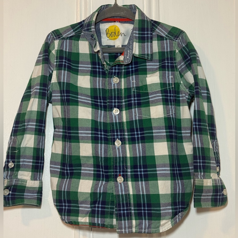 Boys Mini Boden Green and Blue Plaid Checkered Button Down Sz 2-3Y
